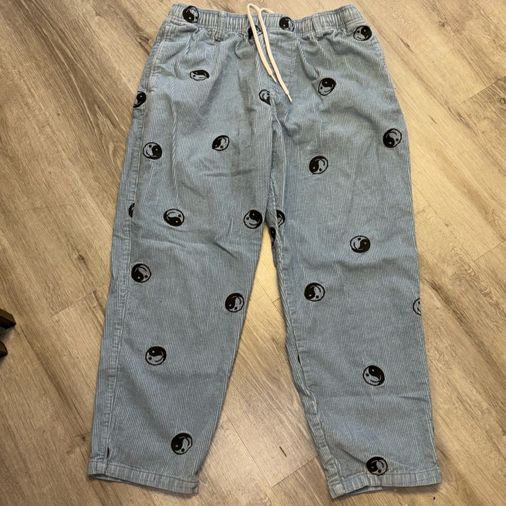 MENS URBAN OUTFITTERS BLUE YING YANG CORDUROY DRAWSTRING JOGGERS SIZE L